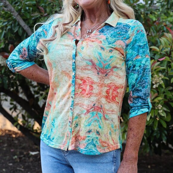 NWT Sparkling Citrus: Long Sleeve Button-Down With Orange Paint Splatter - Picture 1 of 6